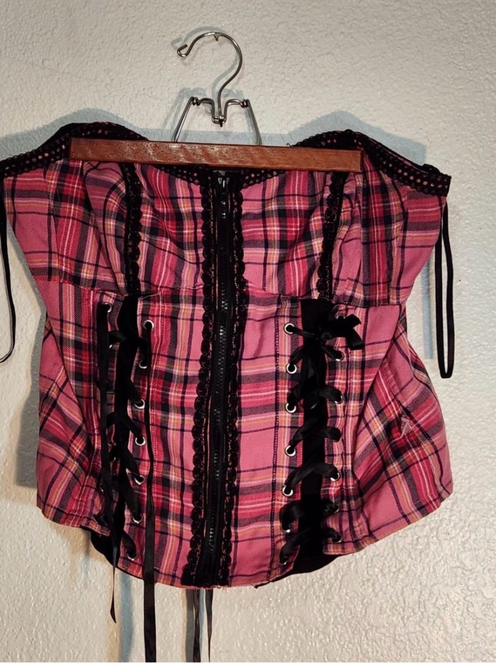 Tripp NYC Pink Plaid Lace-Up Corset Top